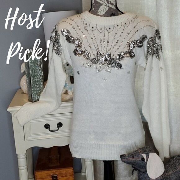 Vintage Beaded Sequin Long Sleeve Pullover Sweater, Hollywood & Vine, Sz Small - Picture 2 of 9